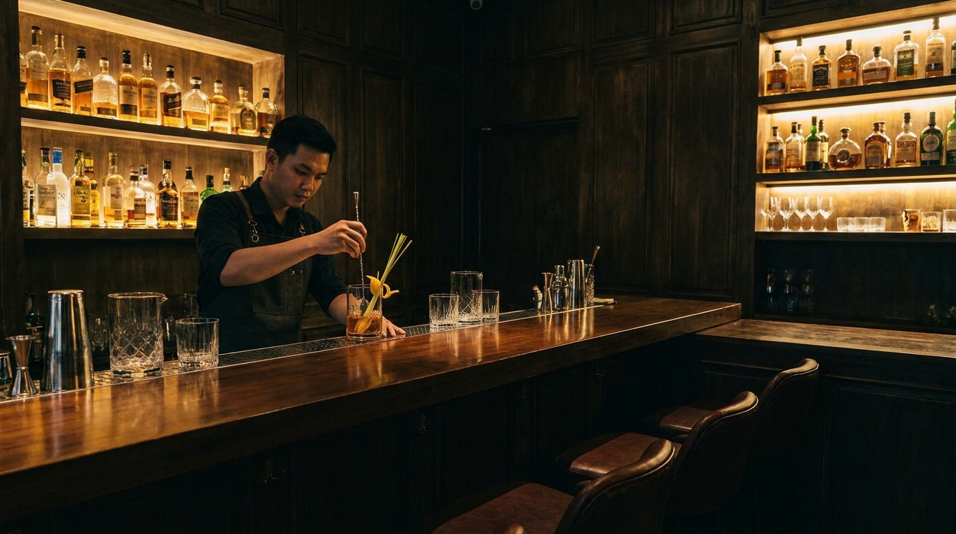 The interior of a cocktail bar in Ho Chi Minh City District 1 with dark wood paneling, backlit spirits shelf, leather bar stools, and a bartender preparing a cocktail with fresh Vietnamese herbs and citrus