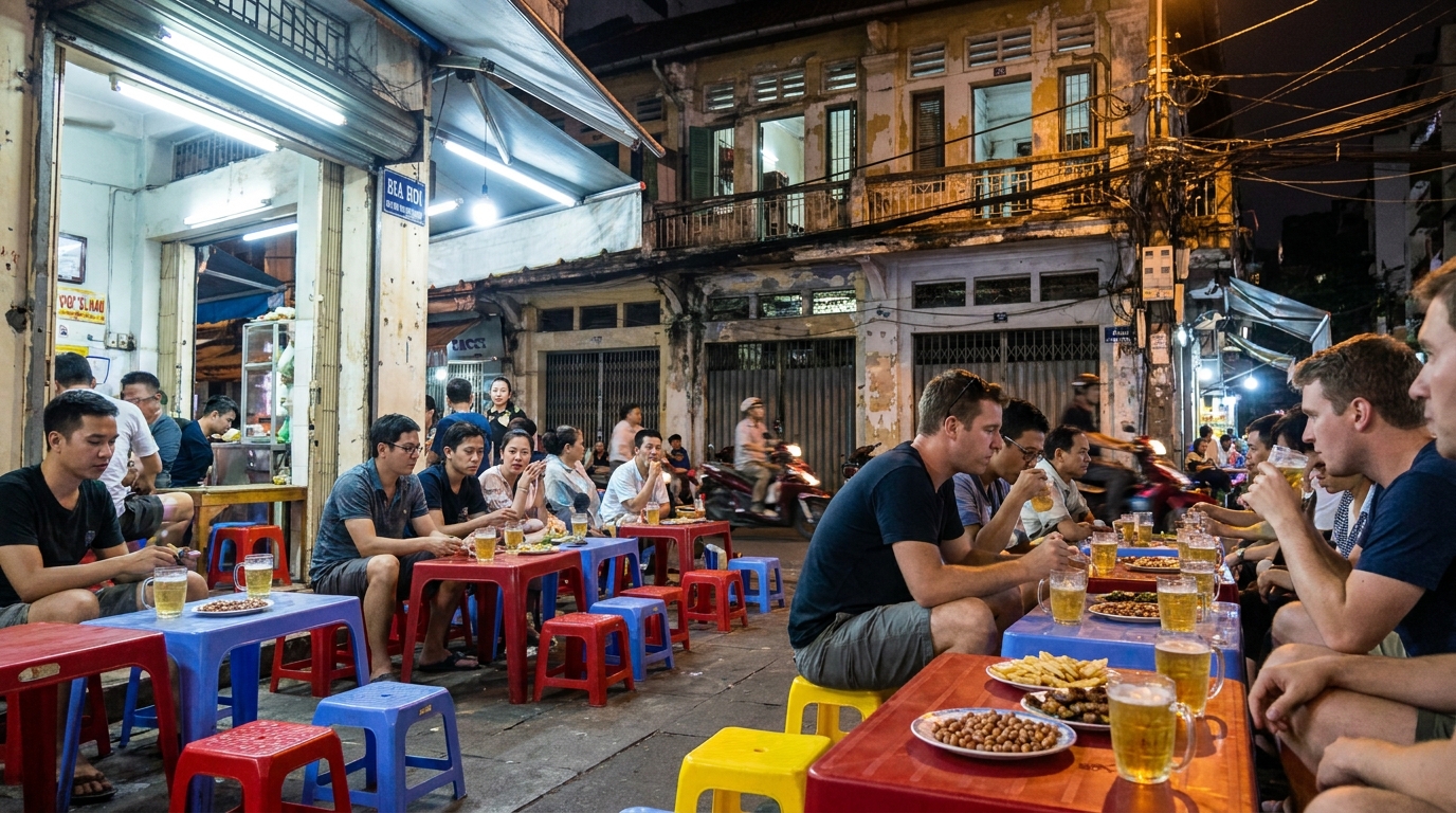 A bia hoi street beer stall in Ho Chi Minh City District 1 with low plastic tables and colorful stools on the pavement, glasses of fresh draught lager and snacks on the table, locals and tourists drinking together at night
