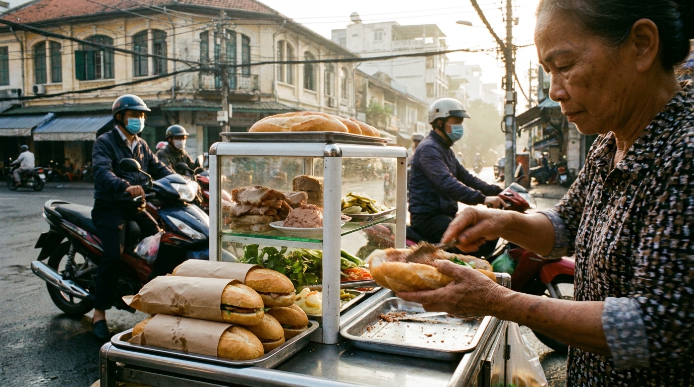 A street bánh mì cart in Ho Chi Minh City at morning rush hour, with a vendor assembling sandwiches behind a glass display case showing cold cuts, pâté, and garnishes, with customers waiting on motorbikes