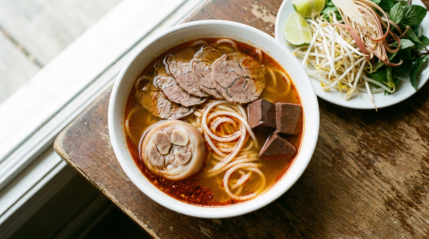 Close-up overhead shot of a bún bò Huế bowl showing thick round bún noodles, thinly sliced beef shank, a pork hock cross-section with skin, cubed blood cake, and a pool of chilli oil on a red-tinged lemongrass broth, with a herb plate of bean sprouts, banana blossom, and lime beside it.
