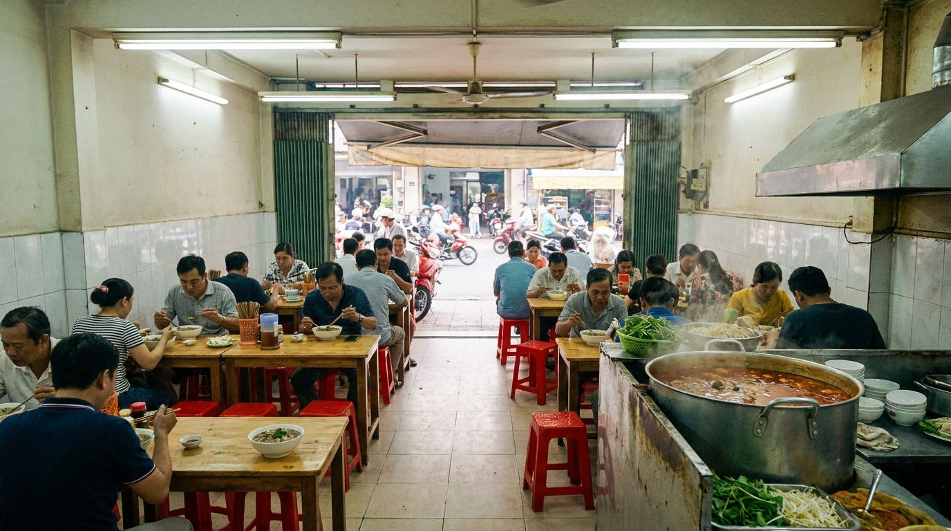 Interior of a traditional bún bò Huế restaurant in Saigon with open-fronted shophouse layout, rows of small tables, a large pot of red-orange broth simmering behind the counter, and Vietnamese customers eating early morning bowls of noodle soup under fluorescent lighting.