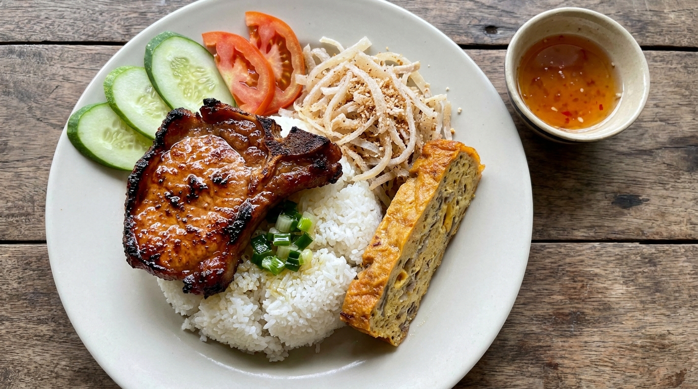 Close-up of a cơm tấm sườn bì chả plate in Saigon showing the grilled pork chop, golden egg meatloaf, and shredded pork skin arranged over broken rice with garnishes and dipping sauce bowl alongside.