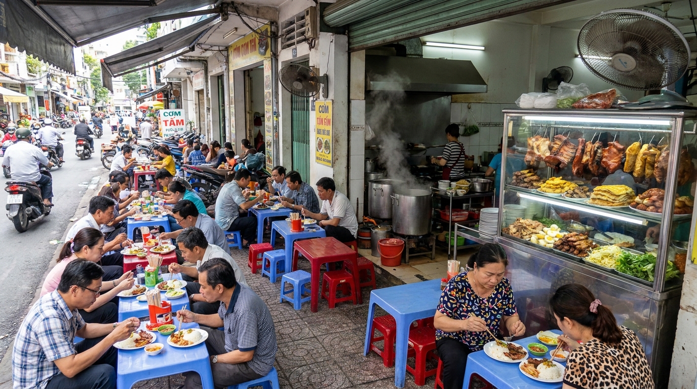 Open-fronted cơm tấm restaurant on a Saigon side street with plastic stools and tables on the pavement, charcoal grill visible in the background and locals eating broken rice at lunchtime.