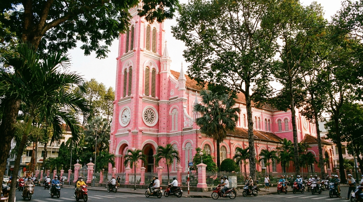 Tan Dinh Church in District 3 Saigon showing the distinctive pink neo-Romanesque facade with towers and arches, surrounded by tree canopy