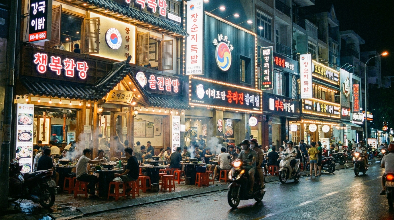 Korean BBQ restaurant street in District 7 Saigon on Nguyen Thi Thap with neon signs, grilling smoke, and evening diners visible