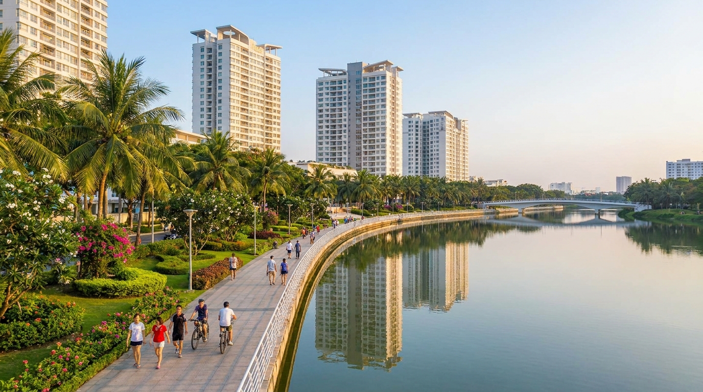 Phu My Hung Crescent Lake in District 7 Saigon with canal-side walking promenade, modern apartment towers, and restaurants reflected in the water