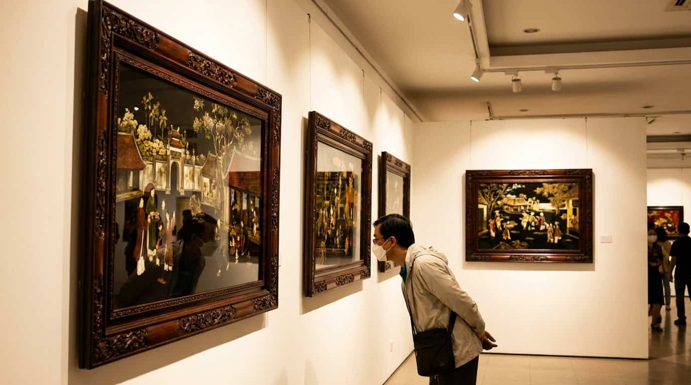 Vietnamese lacquer paintings on display in the Fine Arts Museum Saigon gallery under warm museum lighting in ornate dark frames
