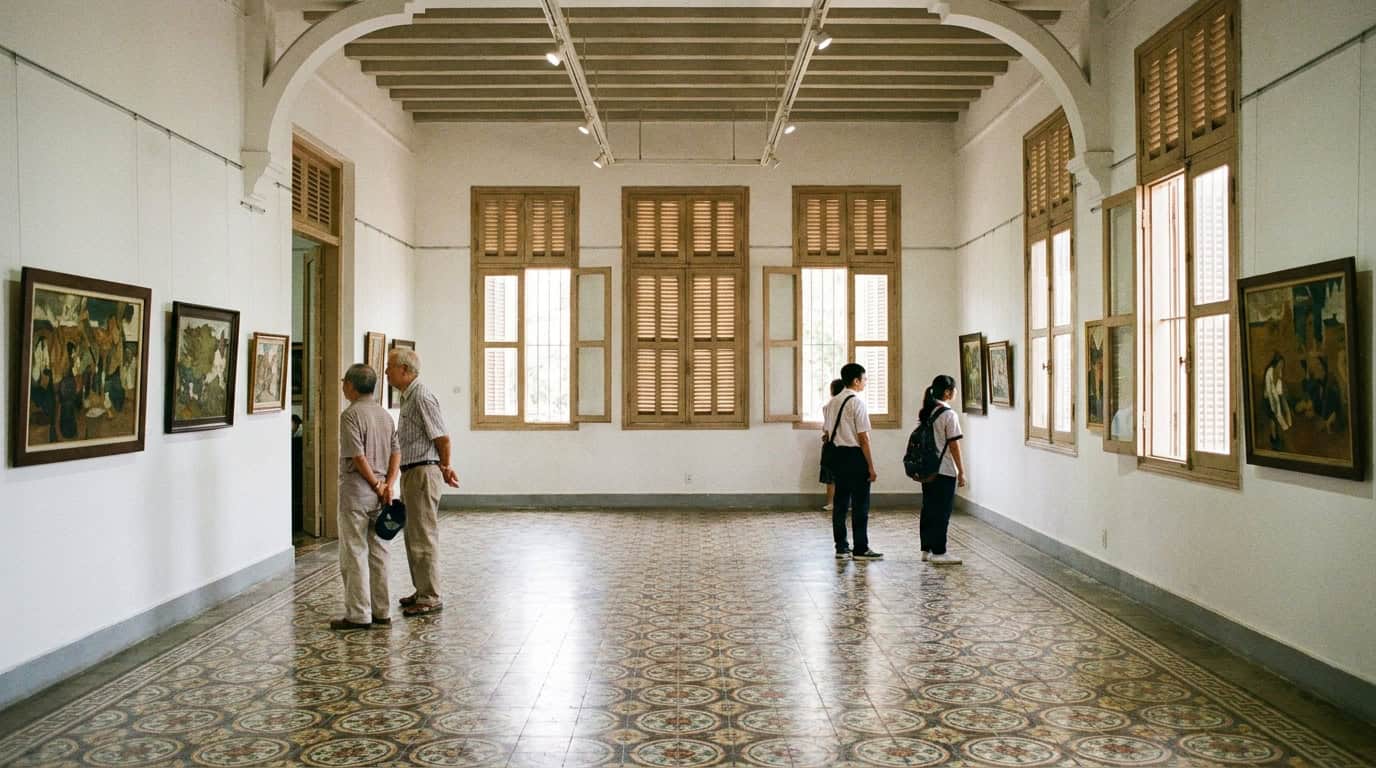 Upper floor open gallery space at the Fine Arts Museum Saigon with original tiled floors, artworks on white walls, and natural light filtering through slatted wooden shutters