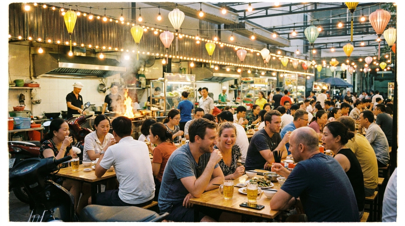 Evening crowd at Migo Saigon Food Street showing local Vietnamese diners and international visitors seated at outdoor tables with food stalls and string lights visible in the background.
