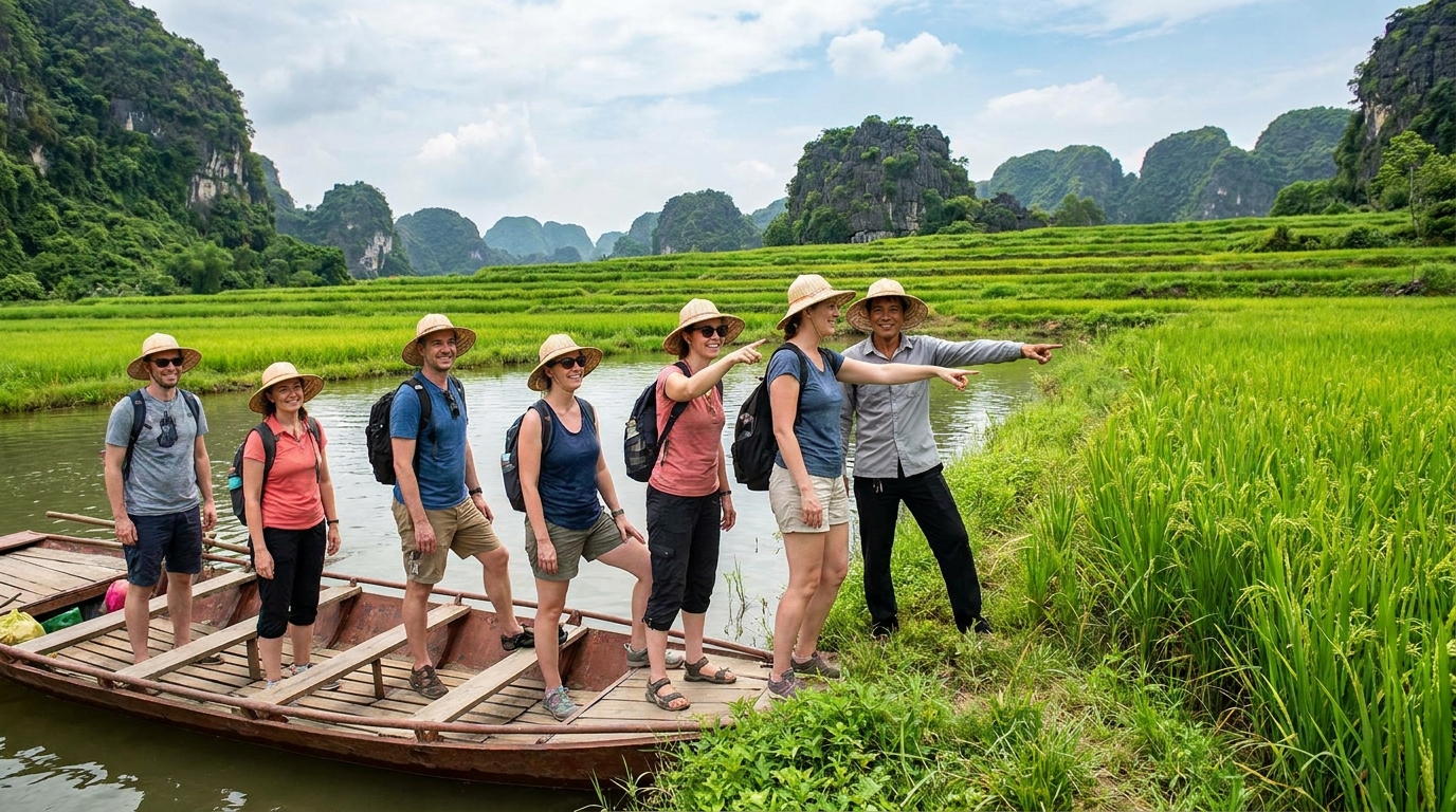 Vietnam day trip tourists exploring natural scenery Southeast Asia