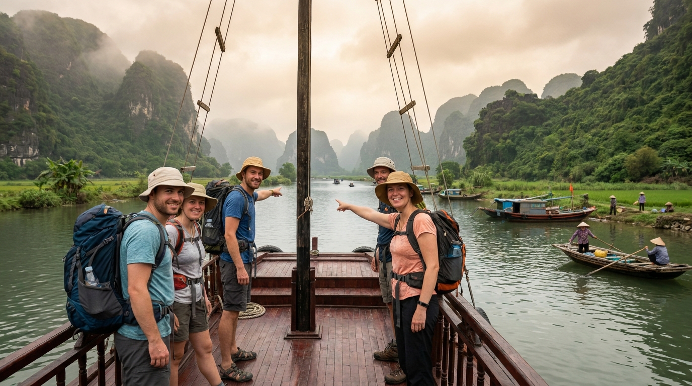 Vietnam day trip tourists exploring natural scenery Southeast Asia
