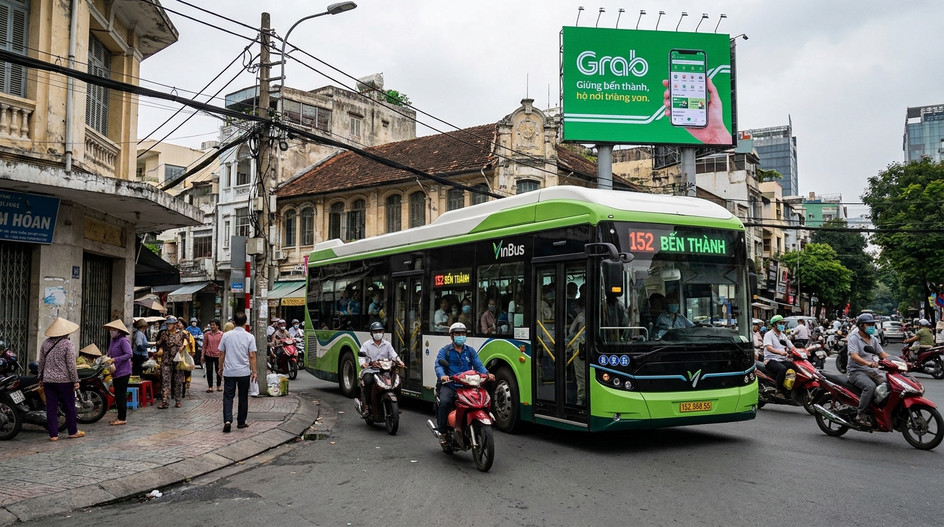 Saigon public transport riders street scene Vietnam city life
