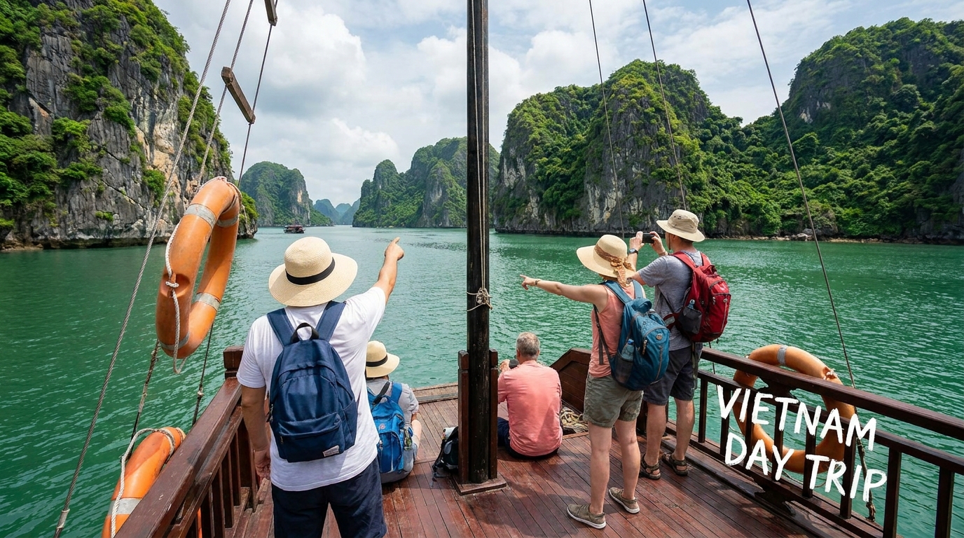 Vietnam day trip tourists exploring natural scenery Southeast Asia