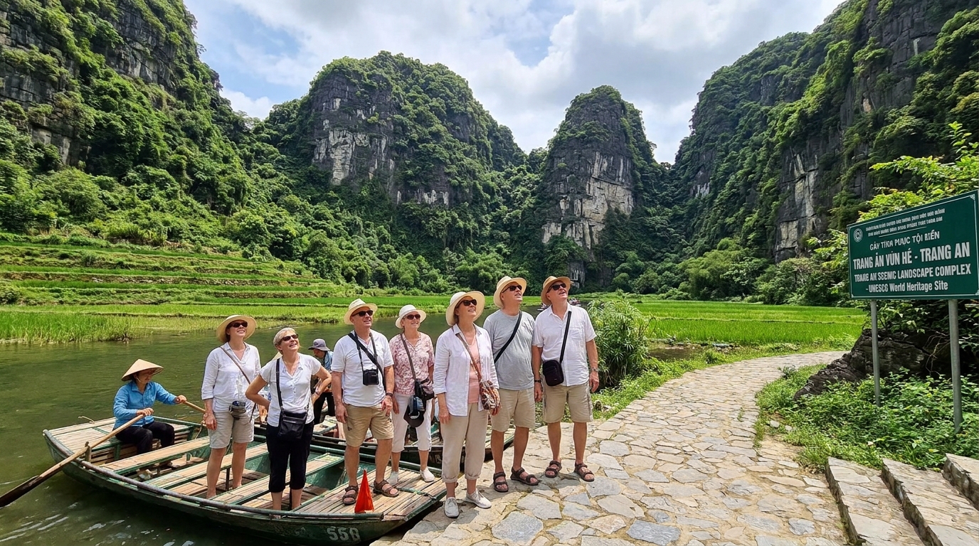 Vietnam day trip tourists exploring natural scenery Southeast Asia