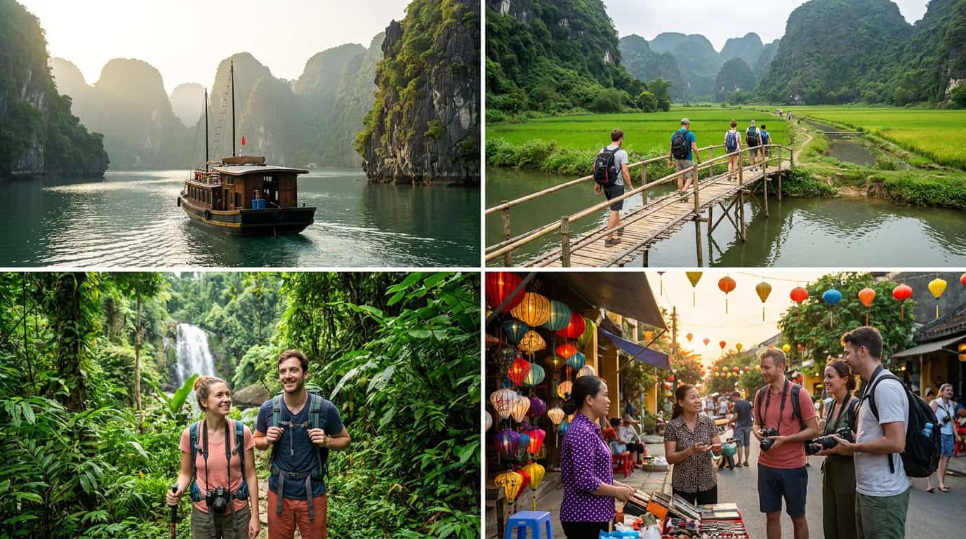 Vietnam day trip tourists exploring natural scenery Southeast Asia