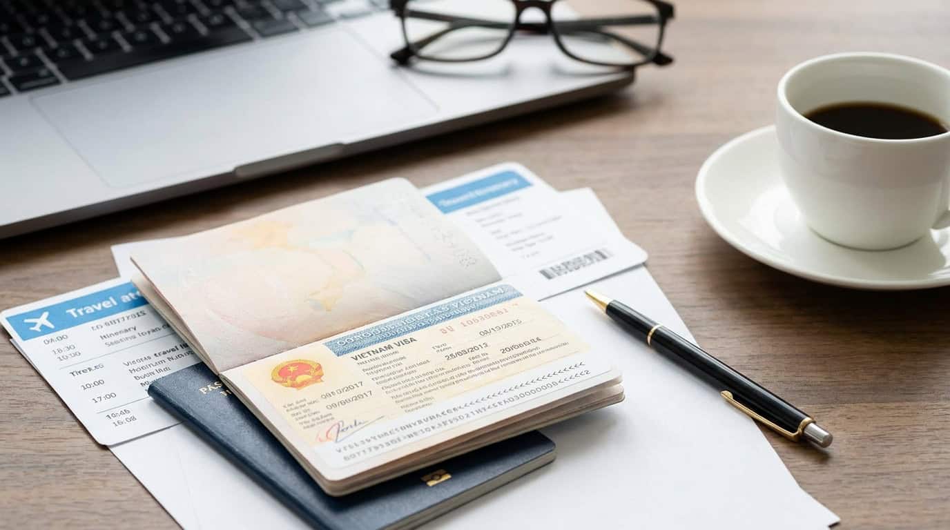 Vietnam visa documents passport travel paperwork desk professional photo
