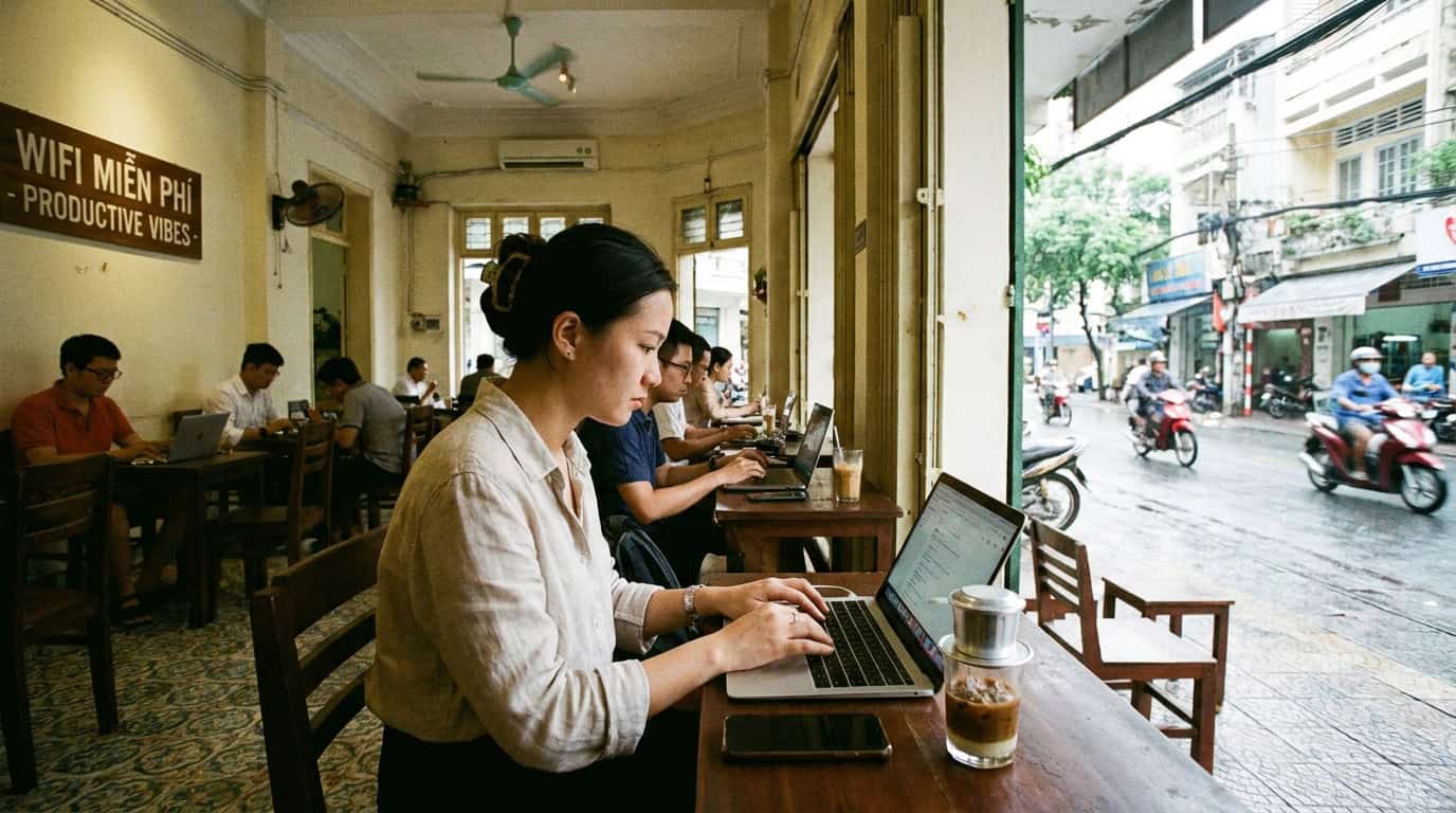 Saigon cafe with wifi laptop worker Vietnamese coffee productive