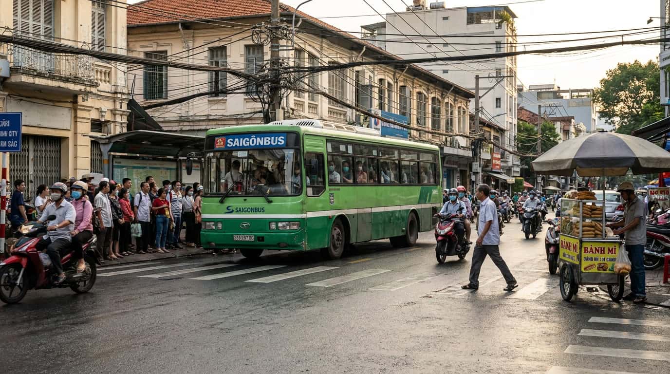 Saigon public transport riders street scene Vietnam city life
