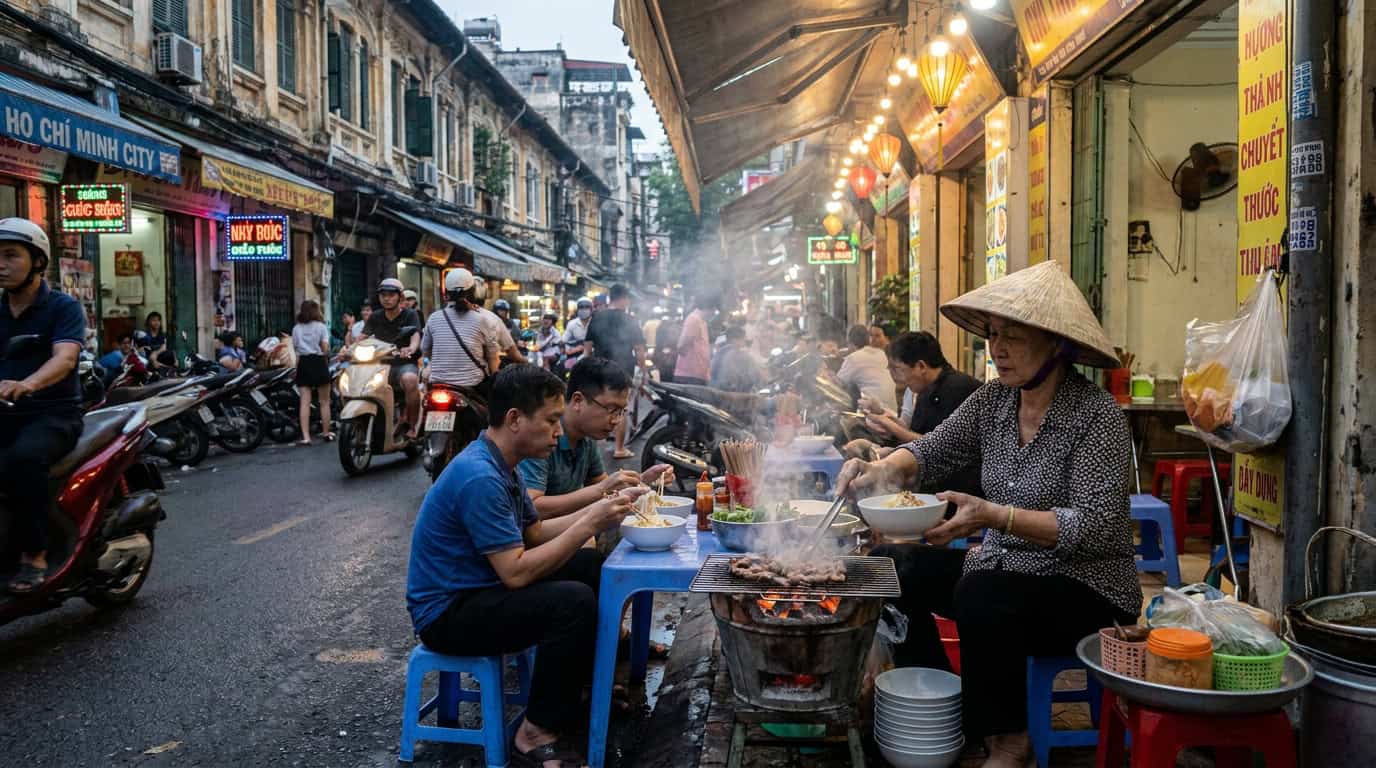 Saigon street food stall vendor customers eating Ho Chi Minh City