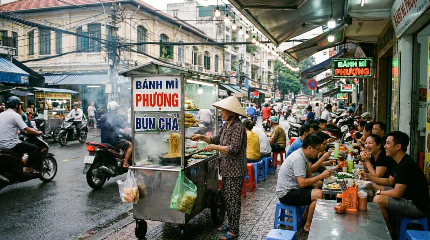 Saigon street food stall vendor customers eating Ho Chi Minh City