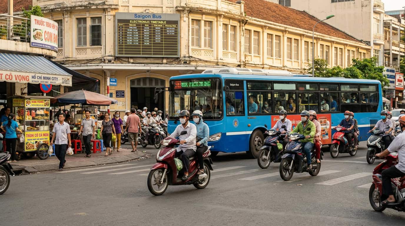 Saigon public transport riders street scene Vietnam city life