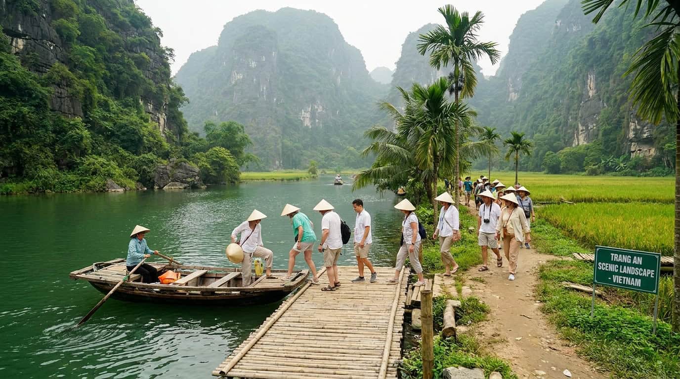 Vietnam day trip tourists exploring natural scenery Southeast Asia