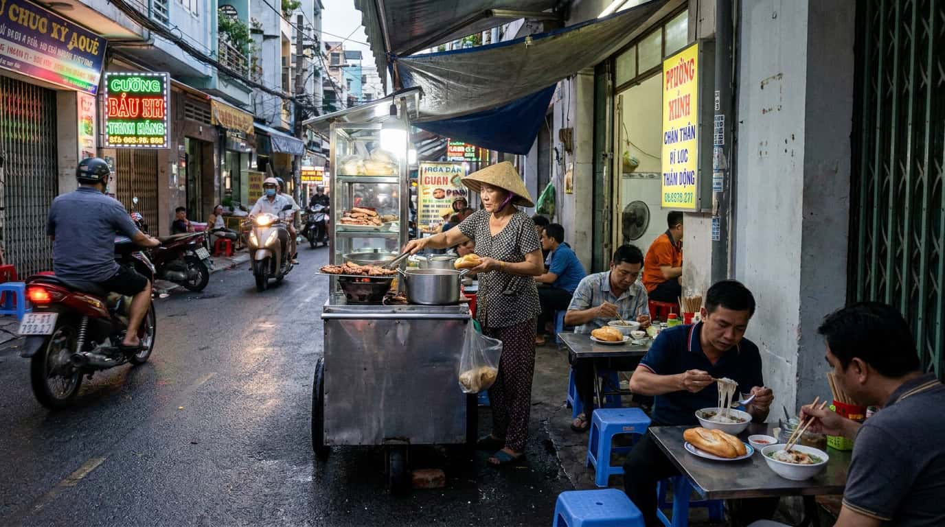 Saigon street food stall vendor customers eating Ho Chi Minh City