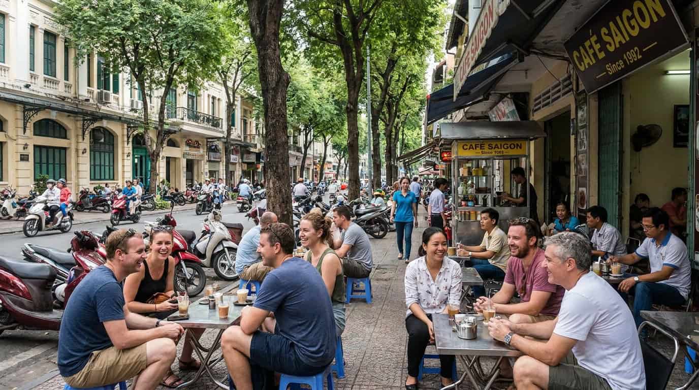 Expat life Ho Chi Minh City outdoor cafe happy residents Saigon street