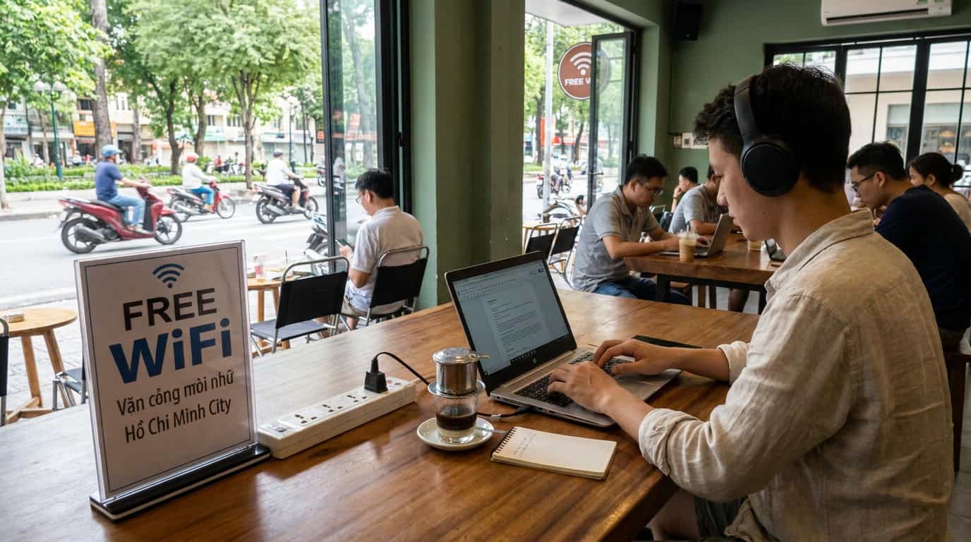Saigon cafe with wifi laptop worker Vietnamese coffee productive