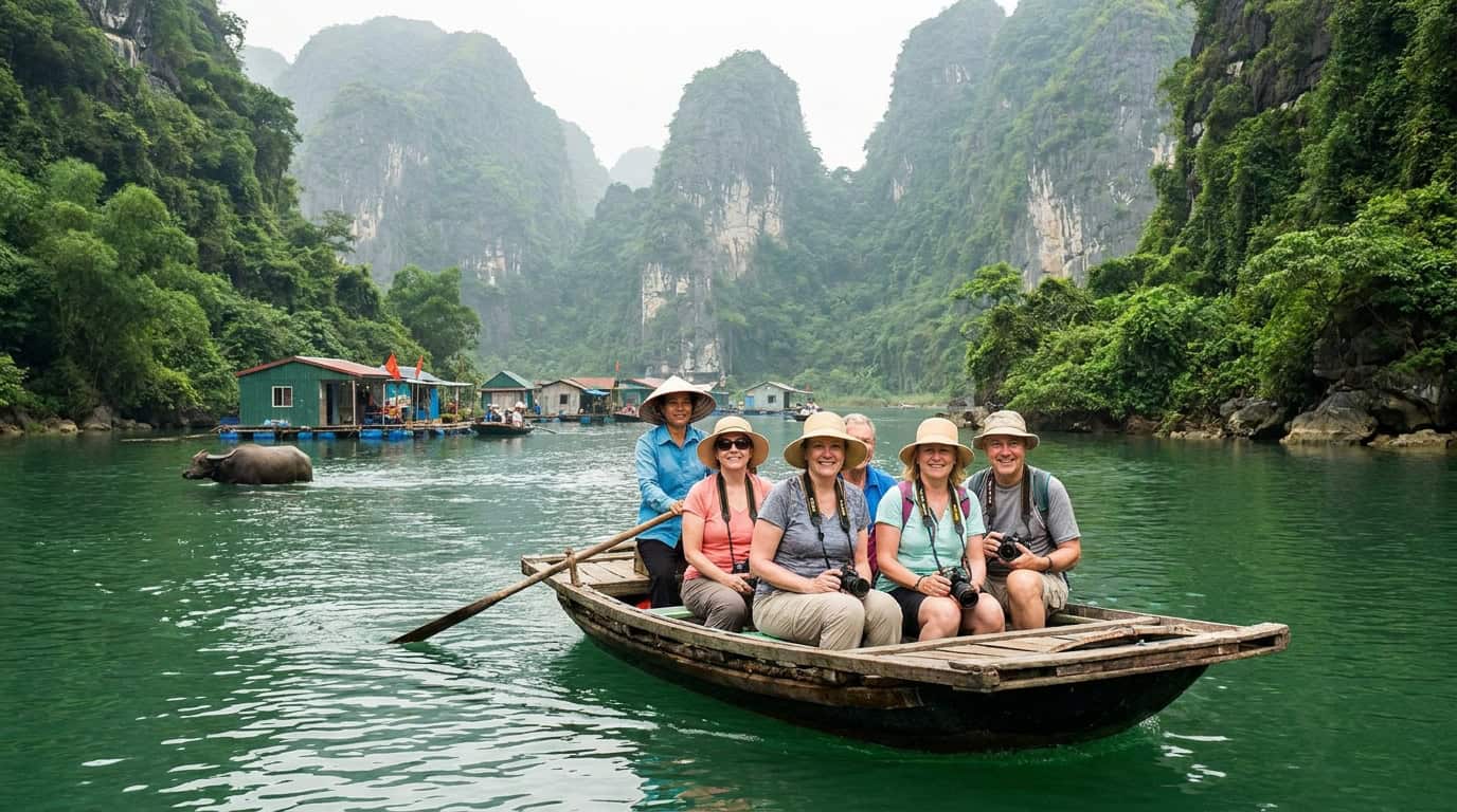 Vietnam day trip tourists exploring natural scenery Southeast Asia