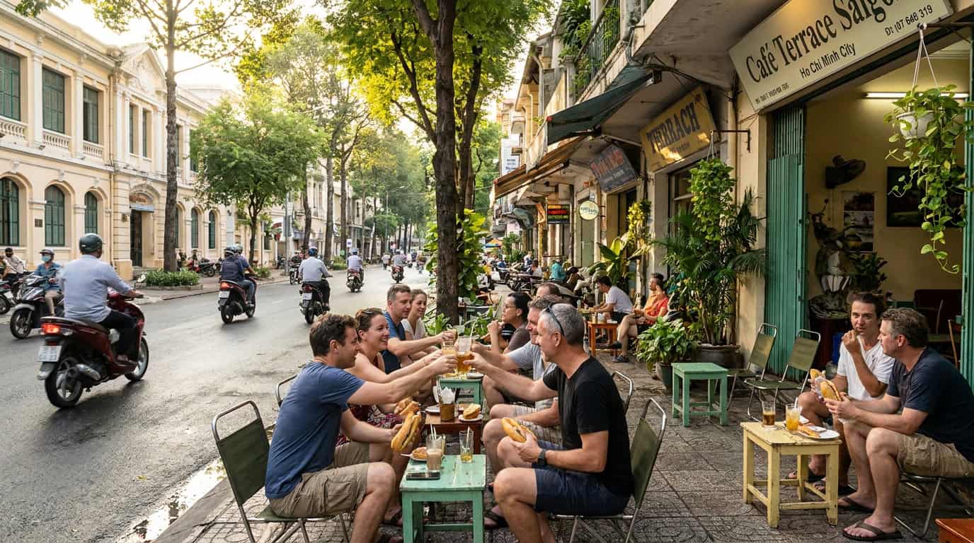 Expat life Ho Chi Minh City outdoor cafe happy residents Saigon street