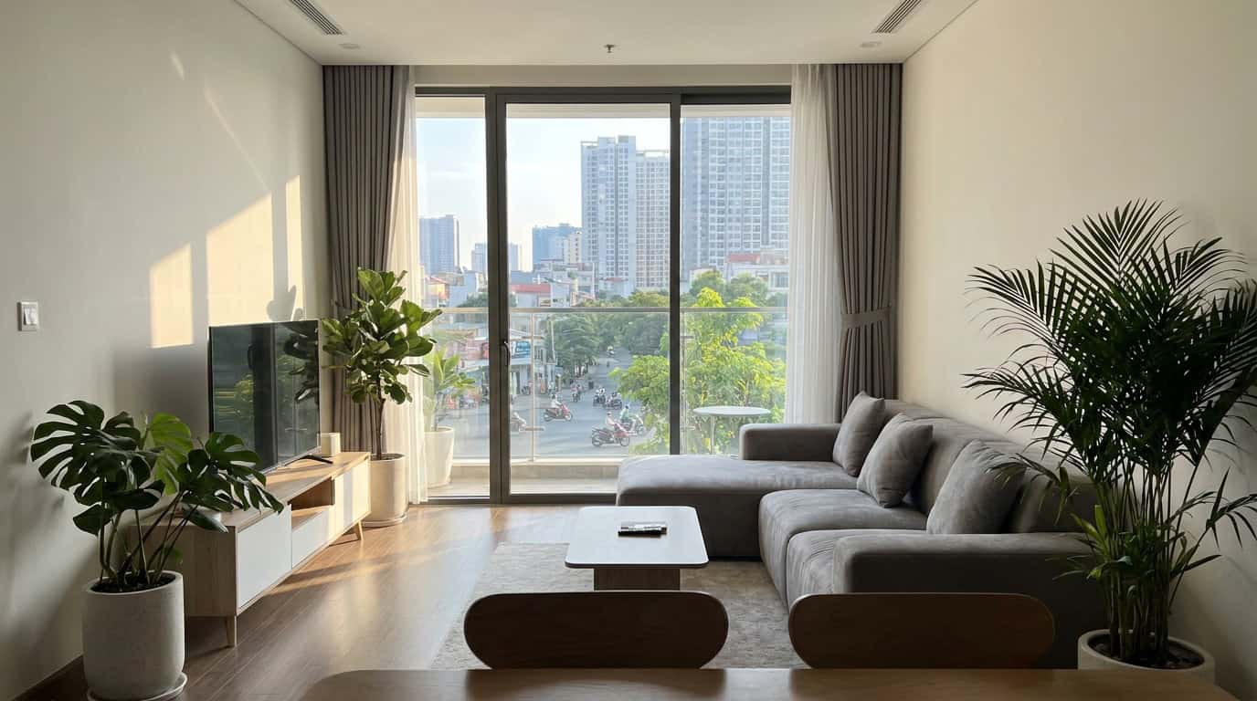 Modern apartment interior Saigon natural light furnished city view