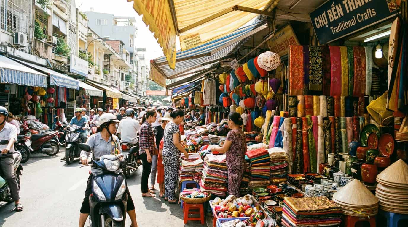 Saigon shopping traditional Vietnamese crafts fabric colorful displays