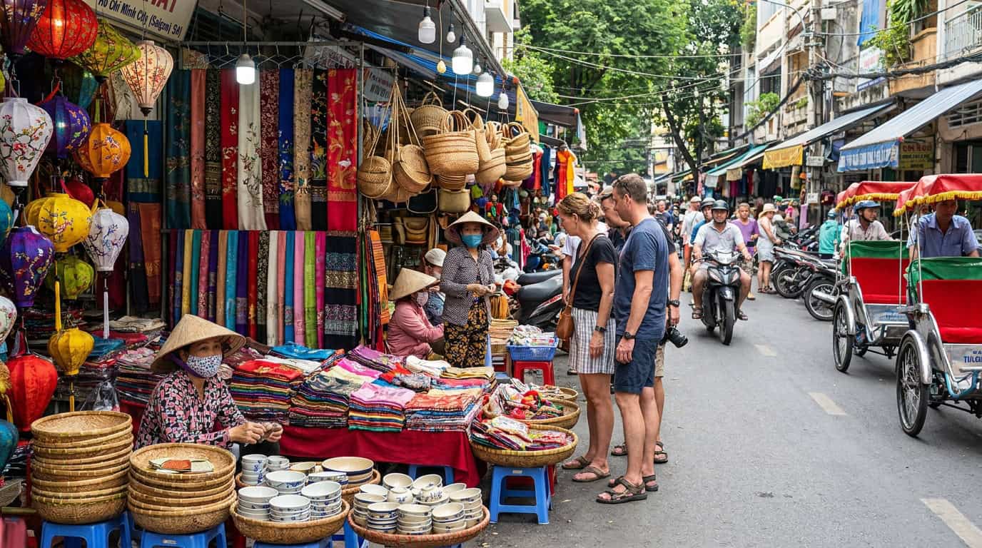 Saigon shopping traditional Vietnamese crafts fabric colorful displays