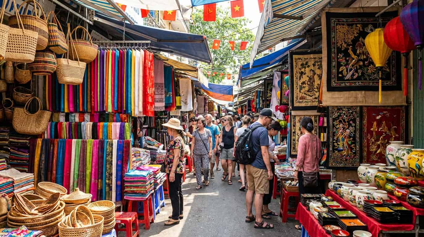 Saigon shopping traditional Vietnamese crafts fabric colorful displays
