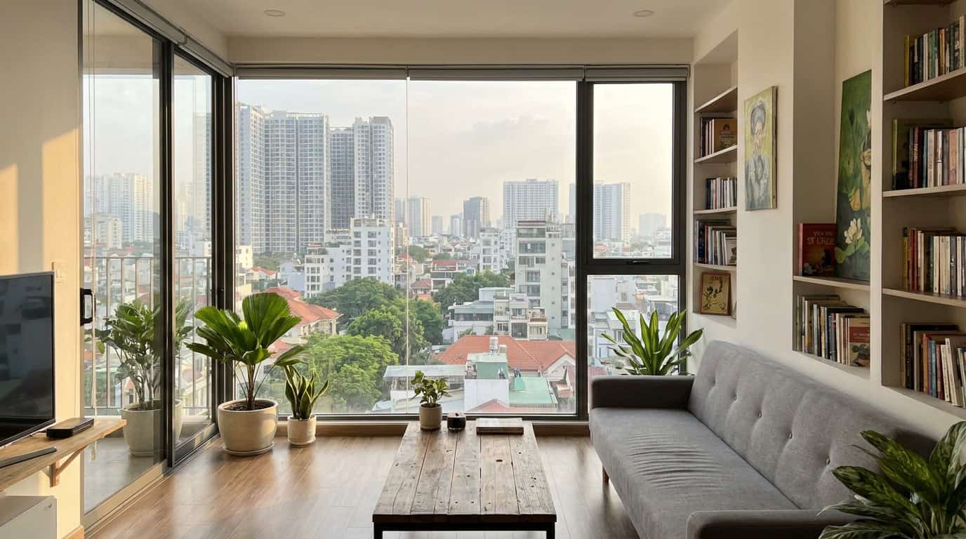 Modern apartment interior Saigon natural light furnished city view