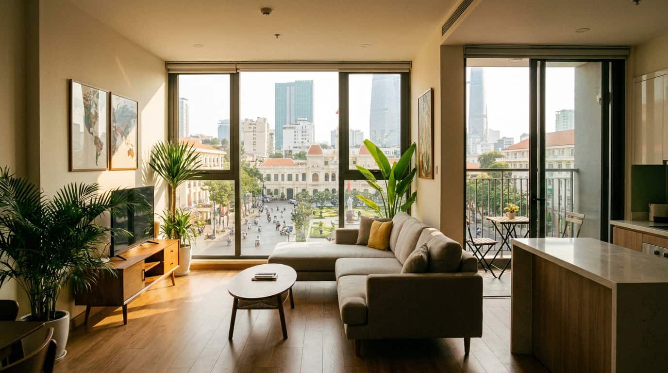 Modern apartment interior Saigon natural light furnished city view