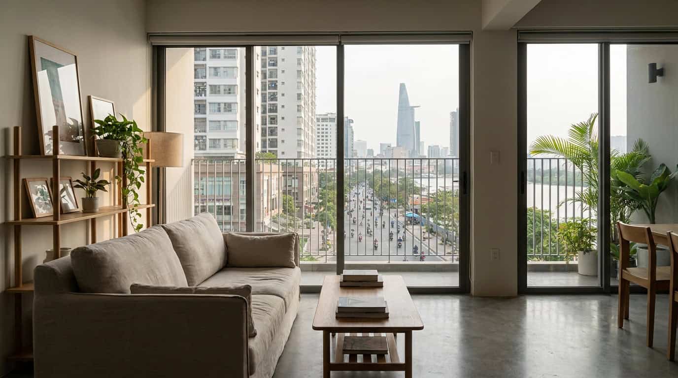 Modern apartment interior Saigon natural light furnished city view