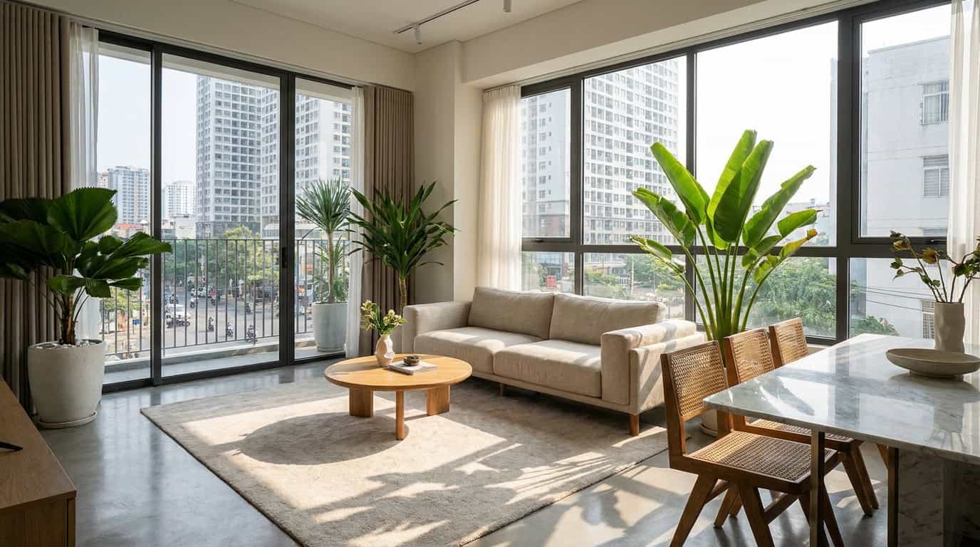 Modern apartment interior Saigon natural light furnished city view