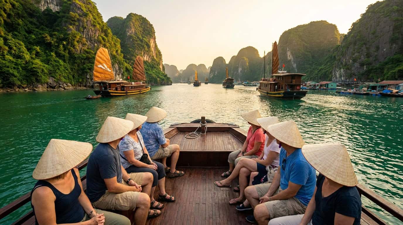 Vietnam day trip tourists exploring natural scenery Southeast Asia