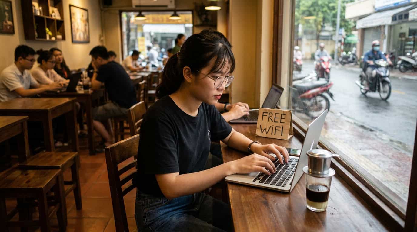 Saigon cafe with wifi laptop worker Vietnamese coffee productive