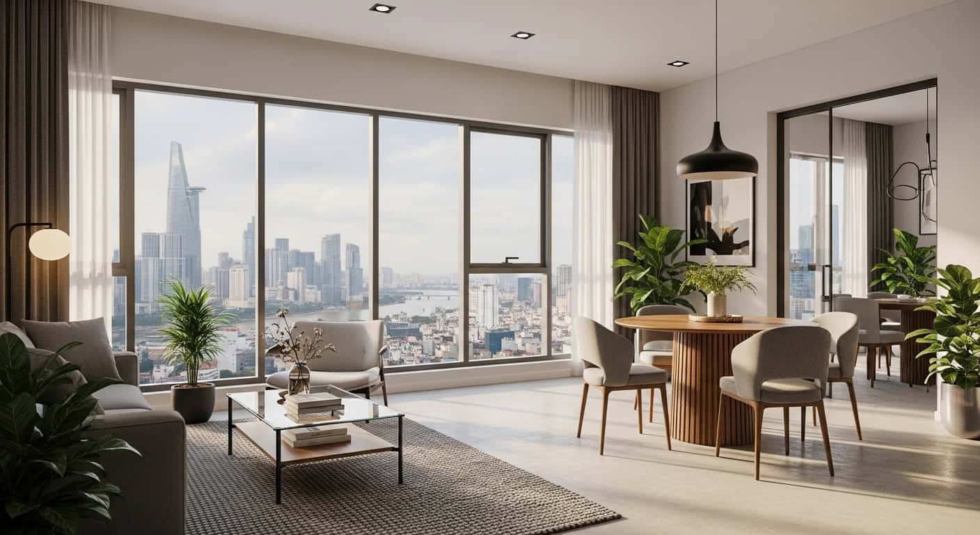 Modern apartment interior Saigon natural light furnished city view