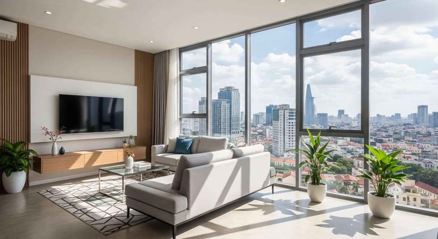 Modern apartment interior Saigon natural light furnished city view