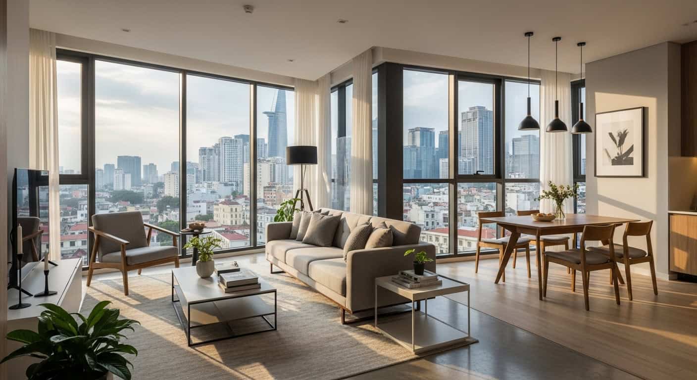 Modern apartment interior Saigon natural light furnished city view