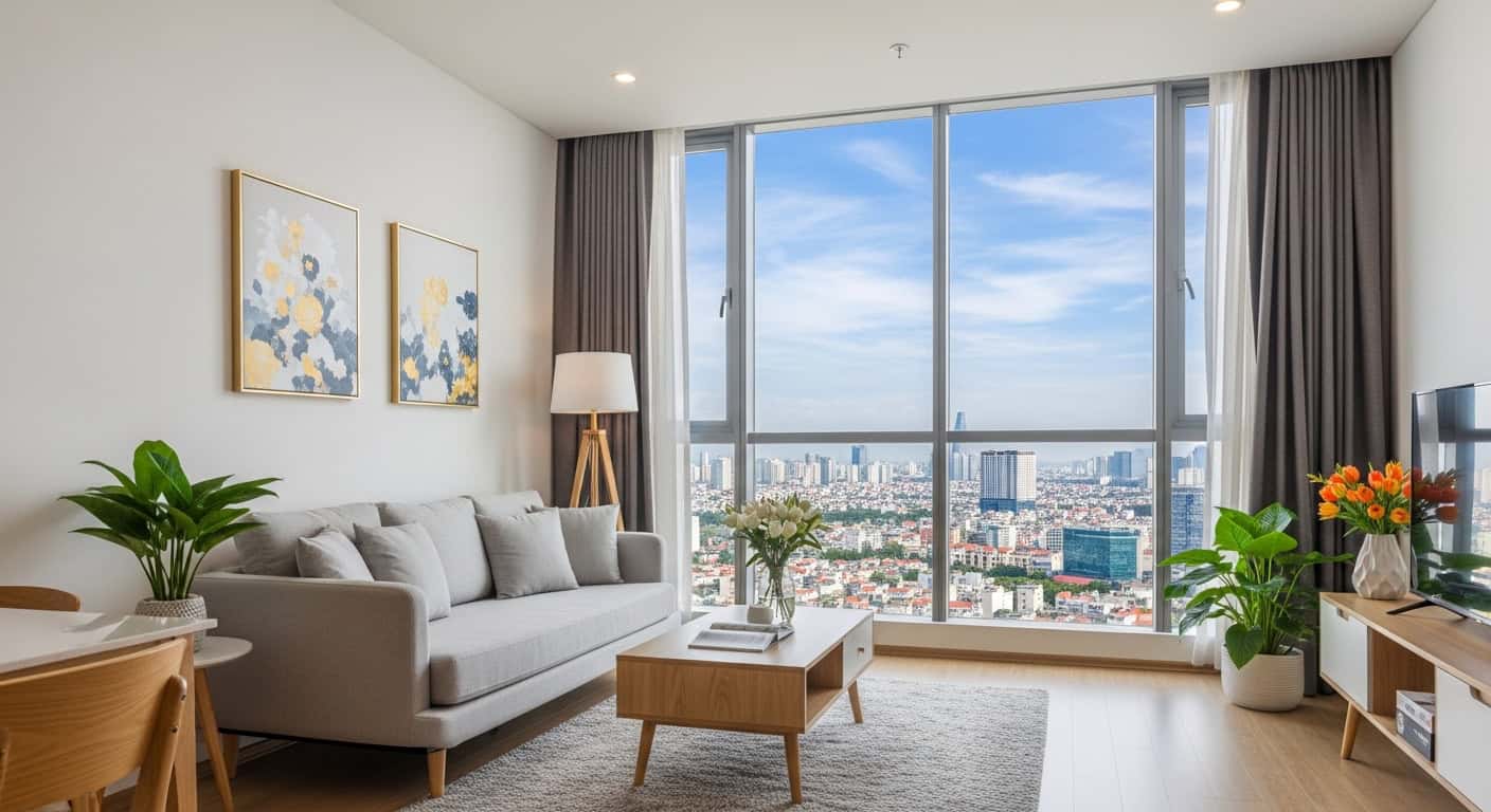Modern apartment interior Saigon natural light furnished city view