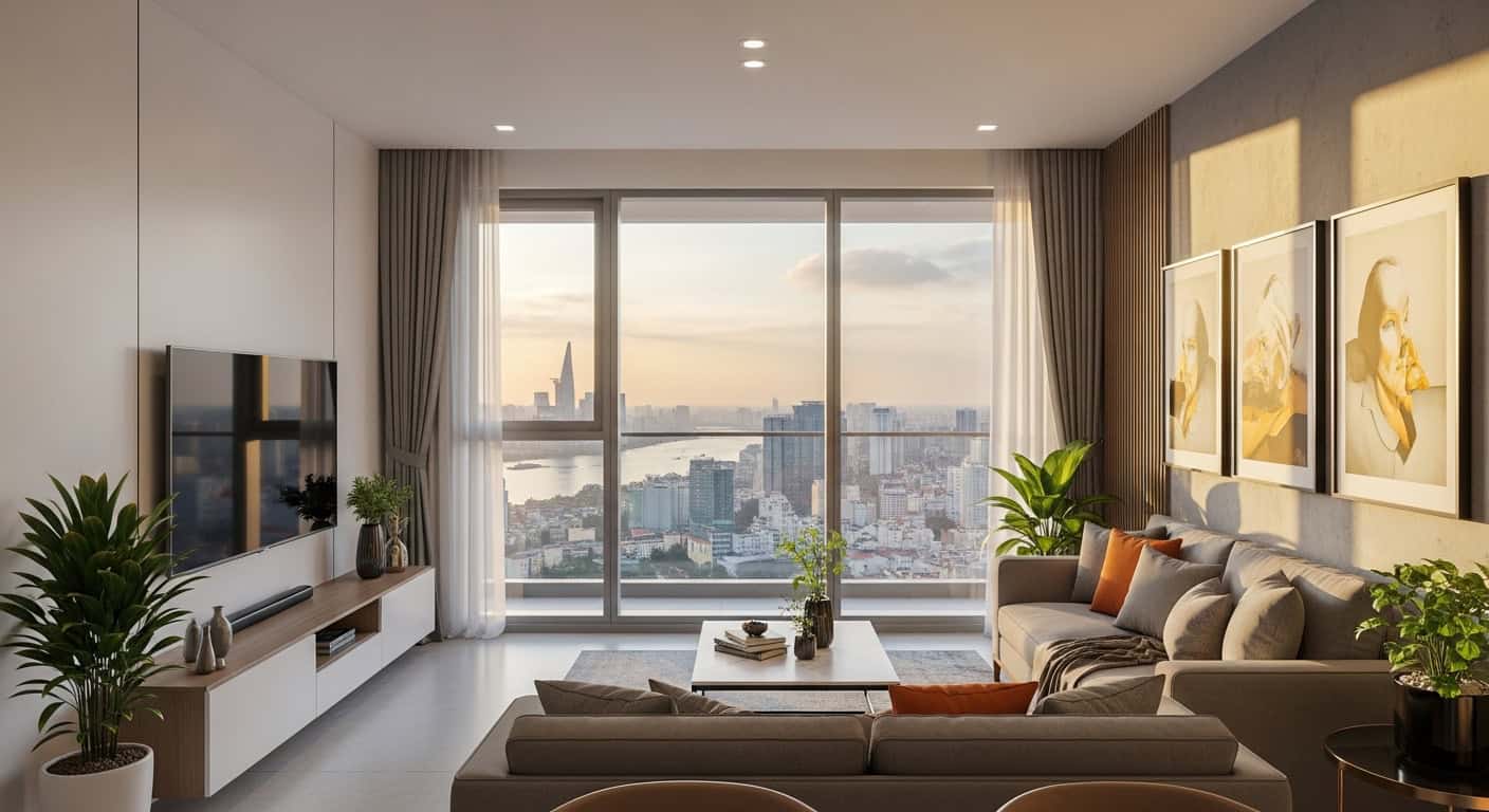 Modern apartment interior Saigon natural light furnished city view