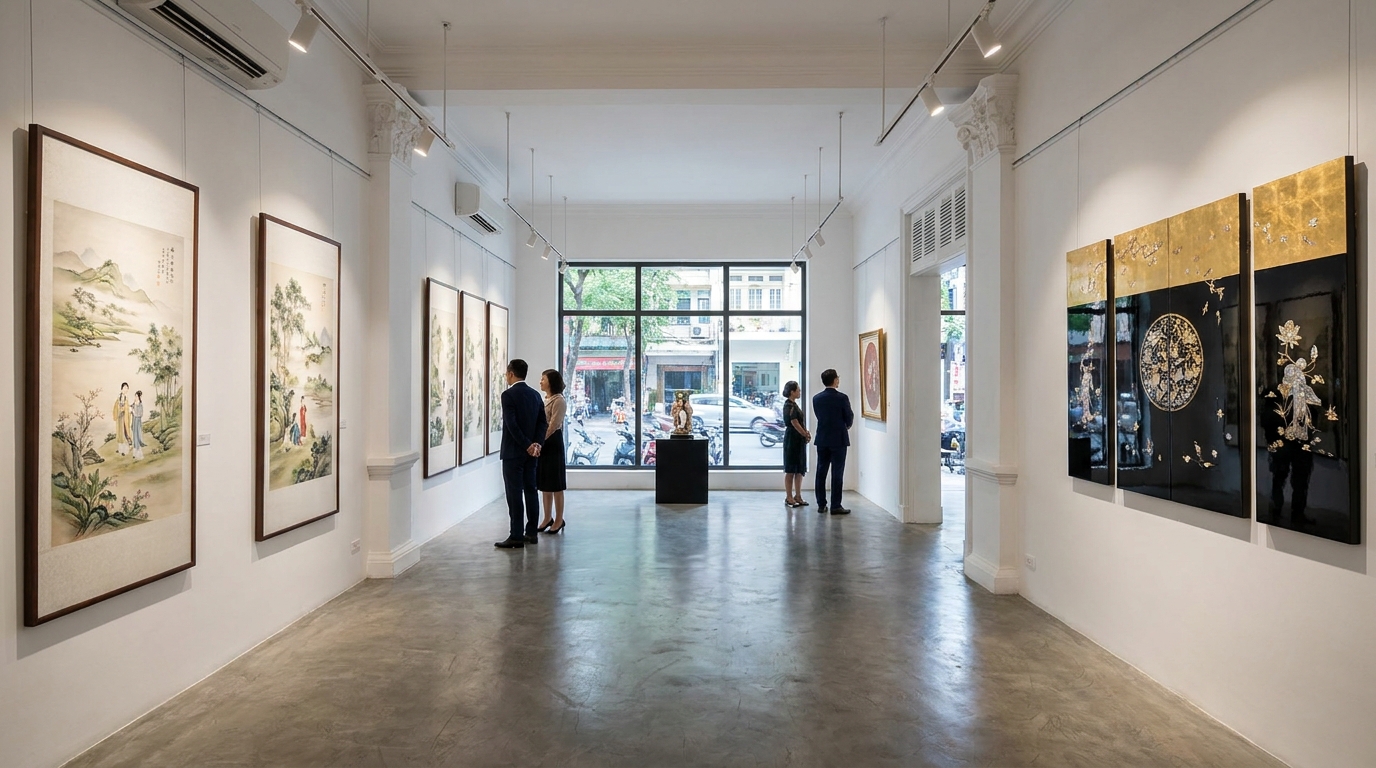 The interior of a Saigon fine art gallery showing a curated selection of Vietnamese silk paintings and lacquerware panels under gallery lighting.