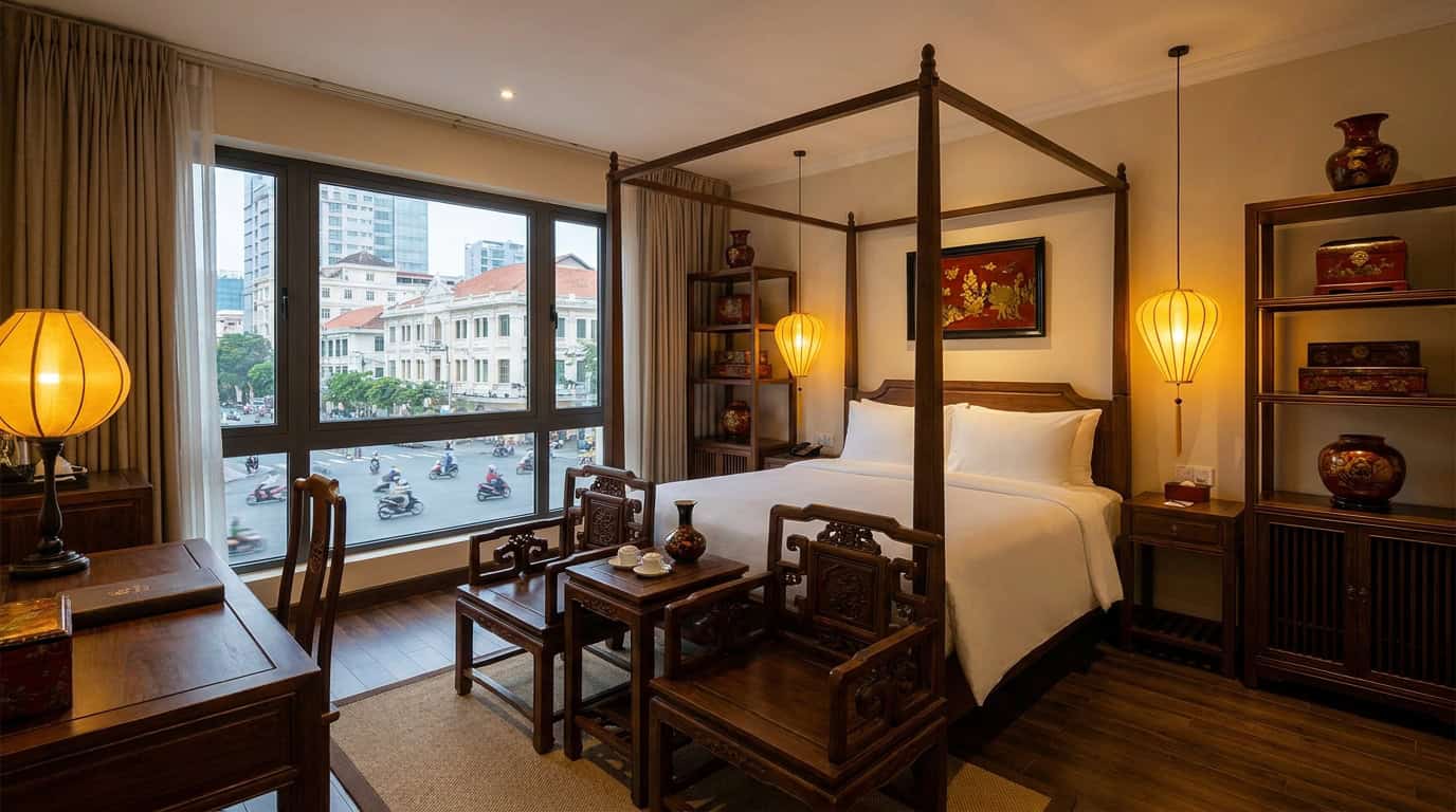A well-designed boutique hotel room in Saigon's District 1 with warm lighting, Vietnamese lacquerware decorations, dark wood furniture, and a city-view window.