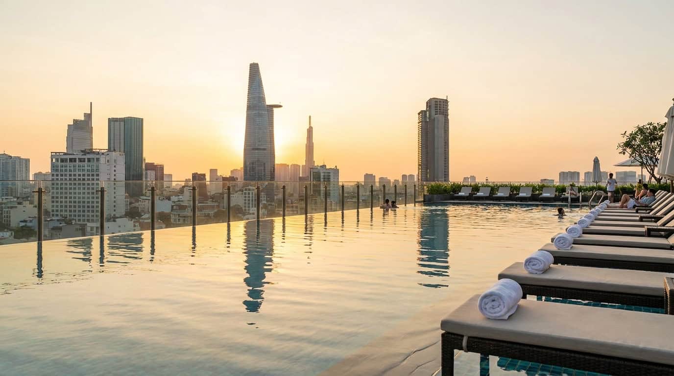 The rooftop infinity pool of a luxury Saigon hotel with the city skyline visible in the background at golden hour, with lounge chairs arranged around the pool edge.
