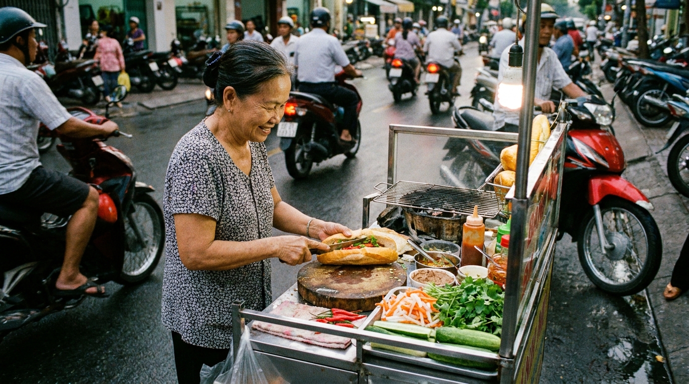 Local banh mi stall in Saigon with a vendor slicing fresh baguette and filling it with pate, pickled vegetables, and chili on a street-side cart with Vietnamese writing on the overhead signage